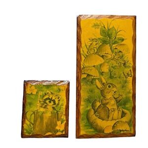1970s Wood Plaque Wall Art Raccoon Bunny Mushroom Retro Woodland Anthropomorphic